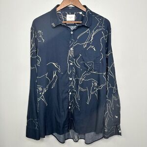 Billy Reid Mens XL Slim Fit Navy Blue Horse Print Cotton Mix Button Down Shirt